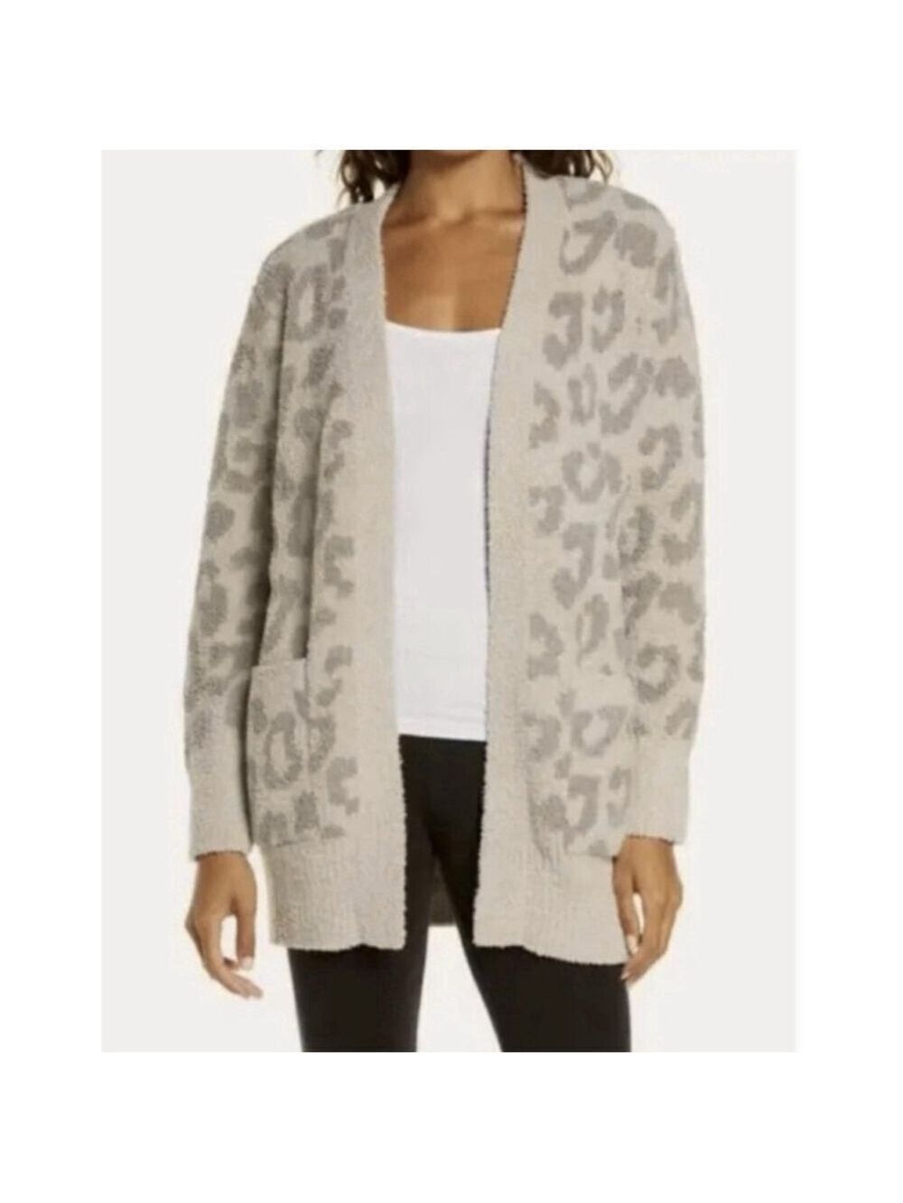 Barefoot Dreams CozyChic Animal Print Cardigan Sweater MED Cream Gray RARE Soft
